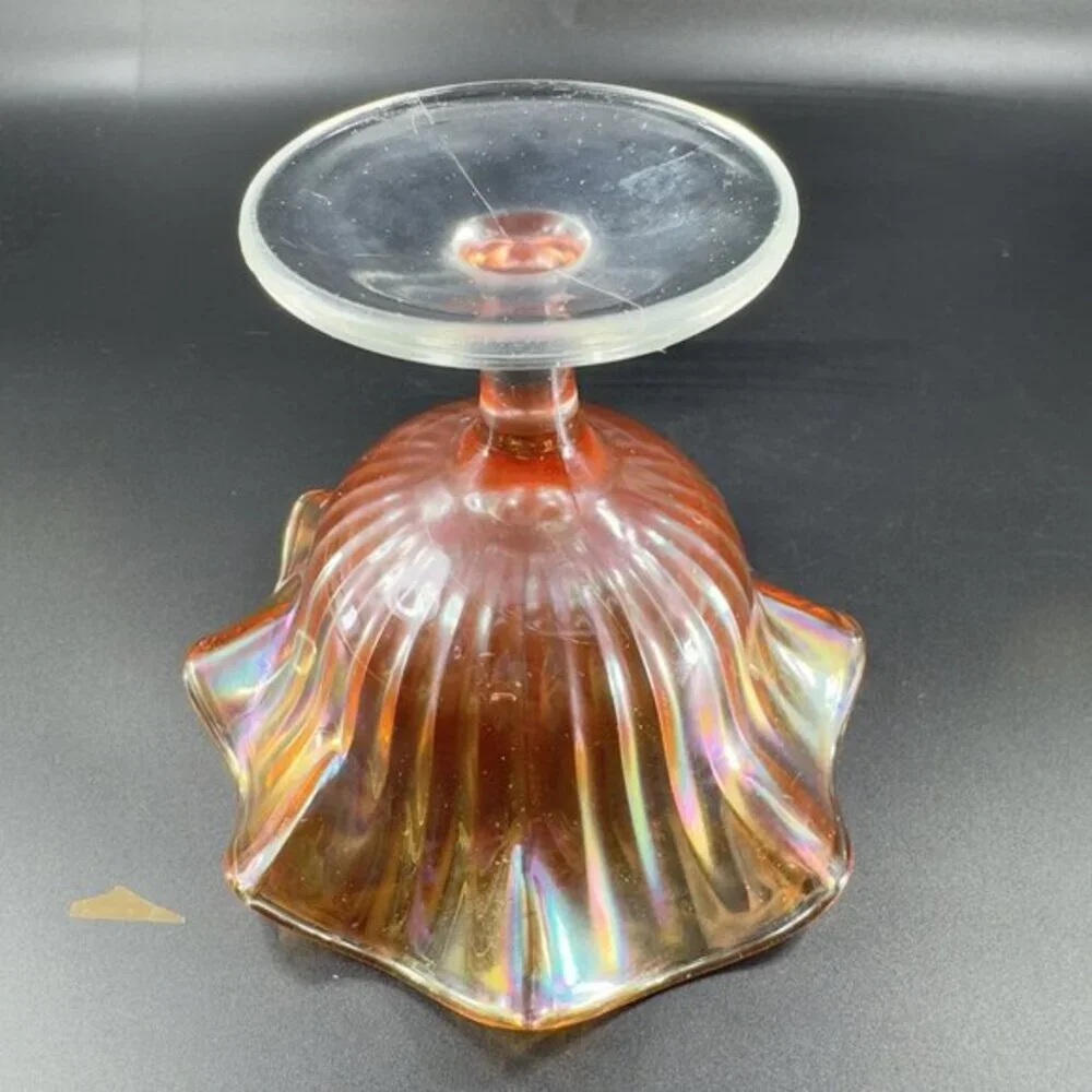 VTG Marigold Carnival Glass Iridescent Ruffled Pedestal Compote Footed Dish Bowl